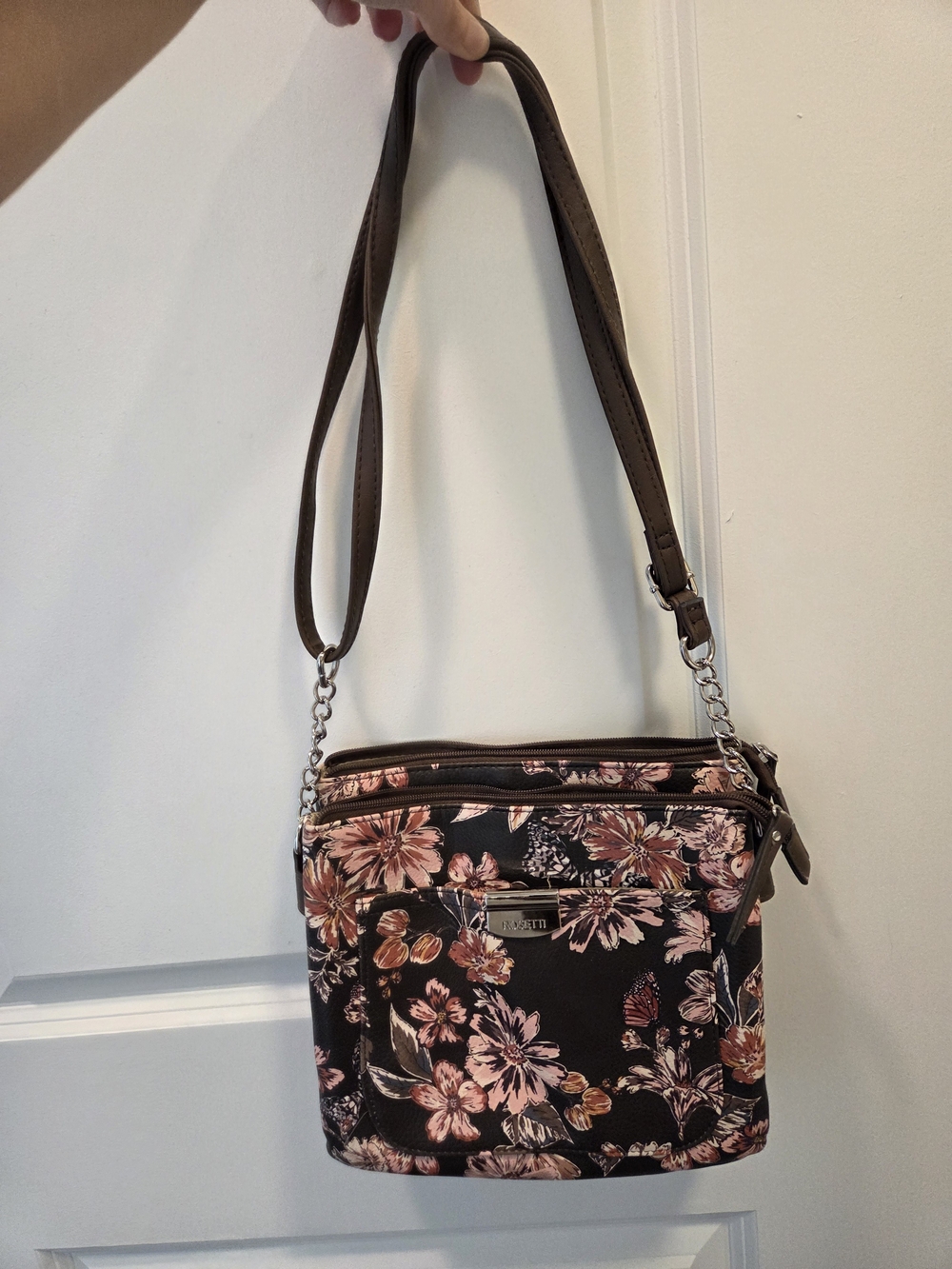 Rosetti Brown Floral Butterfly Crossbody Bag Pink Peach Adjustable Strap